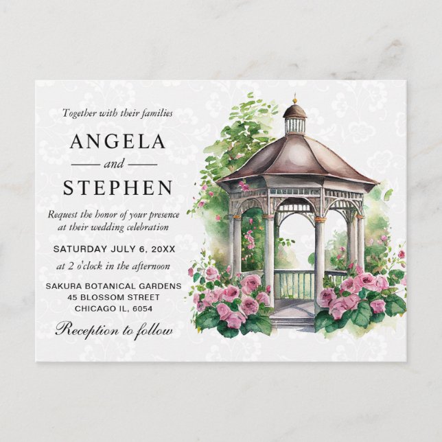Cartão Postal Casamento Gazebo de Jardim Primavera de Aquarela (Frente)