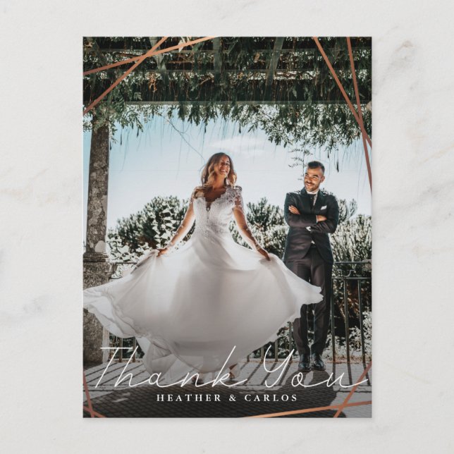 Cartão Postal Casamento Geométrico Dourado Moderno Obrigado (Frente)