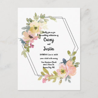 Cartão Postal Casamento Geométrico Floral Aquarela