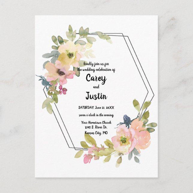 Cartão Postal Casamento Geométrico Floral Aquarela (Frente)