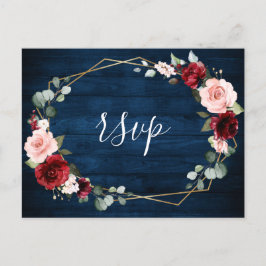 Cartão Postal Casamento Geométrico Floral de Blush Marinho Burgu