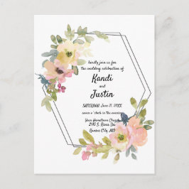 Cartão Postal Casamento Geométrico Floral de Watercolor