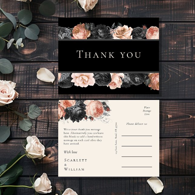 Cartão Postal Casamento Gótico Vintage Black Blush Obrigado (Criador carregado)