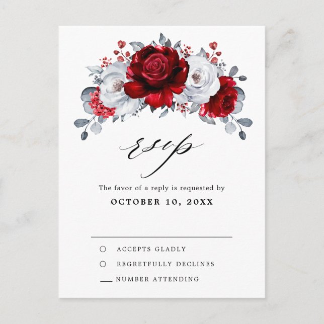 Cartão Postal Casamento Metálico Branco Vermelho Royal RSVP      (Frente)