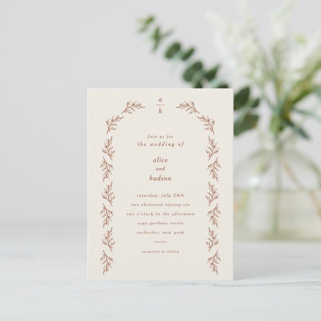 Cartão Postal Casamento Minimalista de Boho Arch Terracotta (Em pé/Frente)
