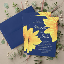 Cartão Postal Casamento Minimalista de Girassol Azul escuro