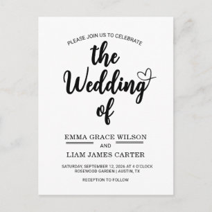 Cartão Postal Casamento Moderno com Letra Preta e Branca