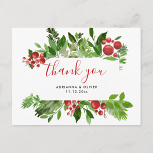 Cartão Postal Casamento Moderno de Natal Holly Red Berry Obrigad