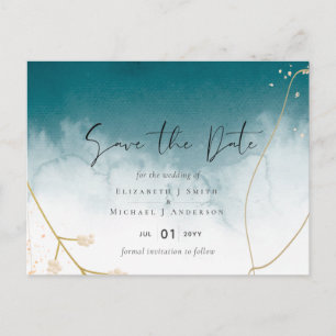Cartão Postal Casamento Moderno em Azul Névoa e Dourado