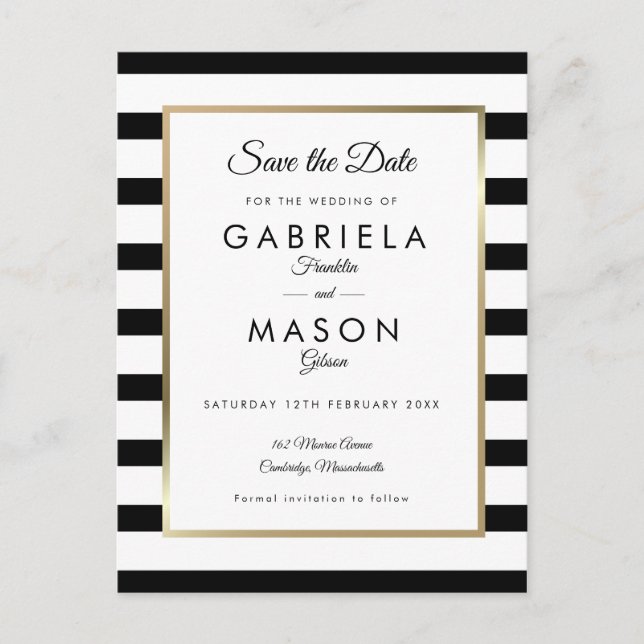 Cartão Postal Casamento Moderno Preto e Branco com Listras Save  (Frente)