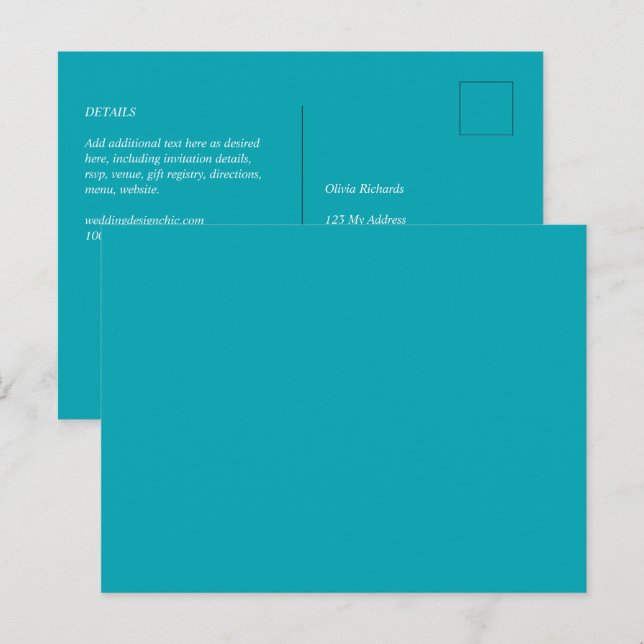 Cartão Postal Casamento Monocromático de Teal Azul Pavão do ORÇA (Frente/Verso)