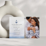 Cartão Postal casamento náutico elegante salvar a data<br><div class="desc">design de tema náutico azul com uma bela foto do casal. Você pode editar o texto e as cores.</div>
