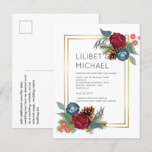 Cartão Postal casamento no inverno Borgonha Azul Azul Moderno
