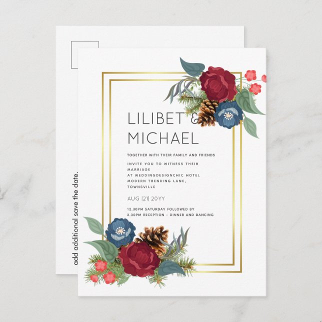 Cartão Postal Casamento no inverno Borgonha Azul Azul Moderno (Frente/Verso)