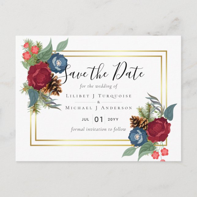 Cartão Postal CASAMENTO NO INVERNO BUDGET Borgonha Azul Azul Mod (Frente)