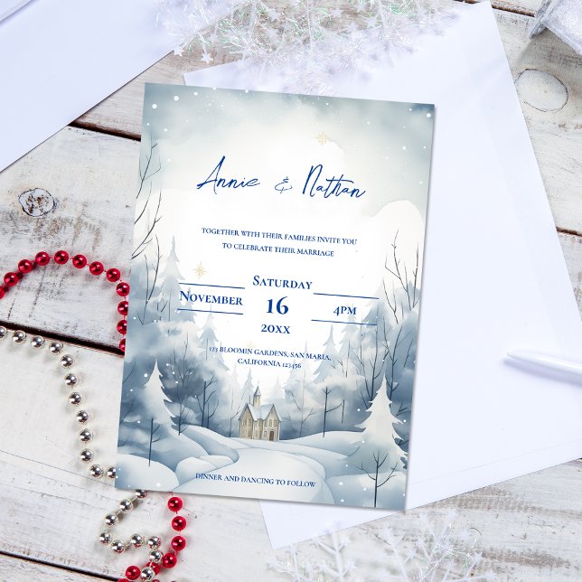 Cartão Postal Casamento no inverno de Paisagem de Neve Bonita (Cute Snowy Landscape Winter Wedding Invitation Postcard)