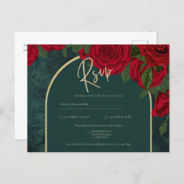Cartão Postal Casamento no inverno de Rosas vermelhas Douradas V