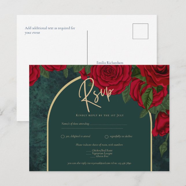 Cartão Postal Casamento no inverno de Rosas vermelhas Douradas V (Frente/Verso)