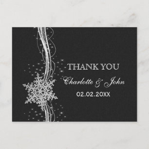 Cartão Postal casamento no inverno preto Silver Snowflakes Obrig