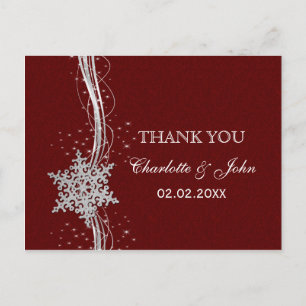 Cartão Postal casamento no inverno Red Silver Snowflakes Obrigad
