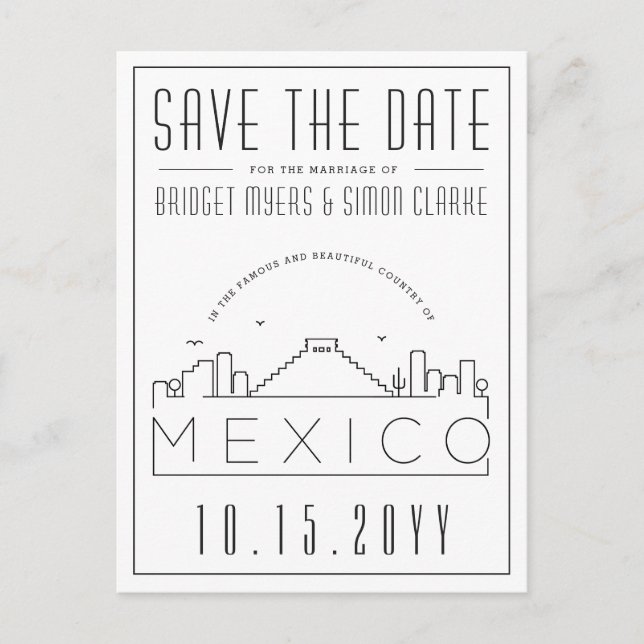 Cartão Postal Casamento no México Skyline Salve a Data (Frente)