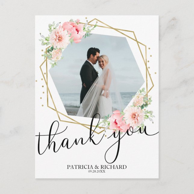 Cartão Postal Casamento Obrigado Blush Floral Gold Foil Geométri (Frente)