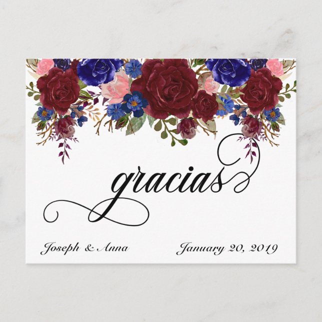 Cartão Postal Casamento Obrigado espanhol Gracias Marinho Burgun (Frente)