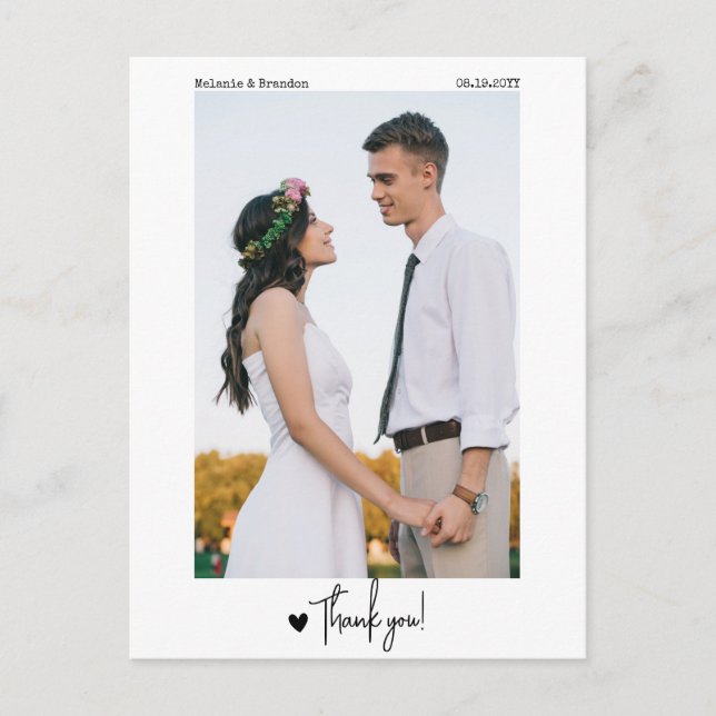 Cartão Postal Casamento Obrigado Foto Roteiro Simples Minimalist (Frente)