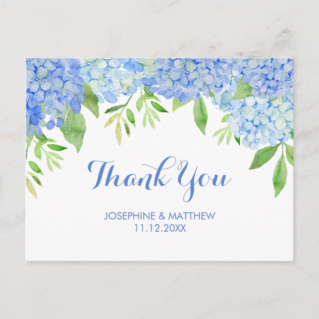 Cartão Postal Casamento Obrigado Hydrangea Blue Watercolor Flora (Frente)