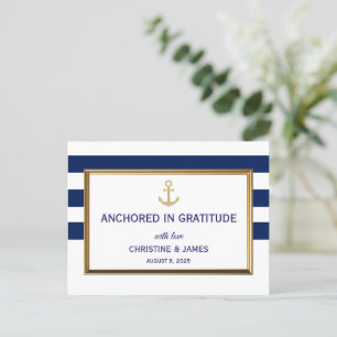 Cartão Postal Casamento Obrigado Listras Brancas Azul Naval Náut