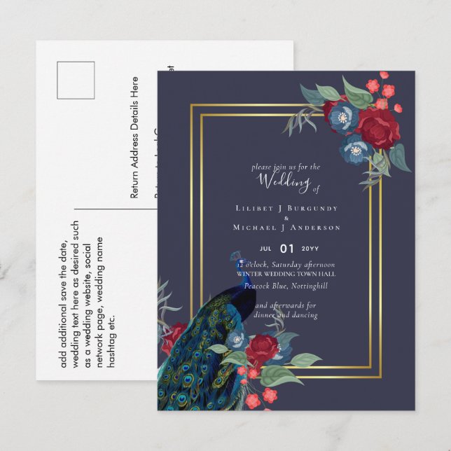 Cartão Postal Casamento outono de inverno Peacock Blue Burgundy (Frente/Verso)