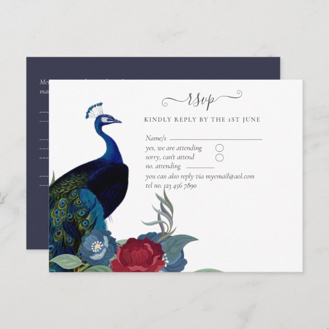 Cartão Postal Casamento outono de inverno Peacock Blue Burgundy (Frente/Verso)
