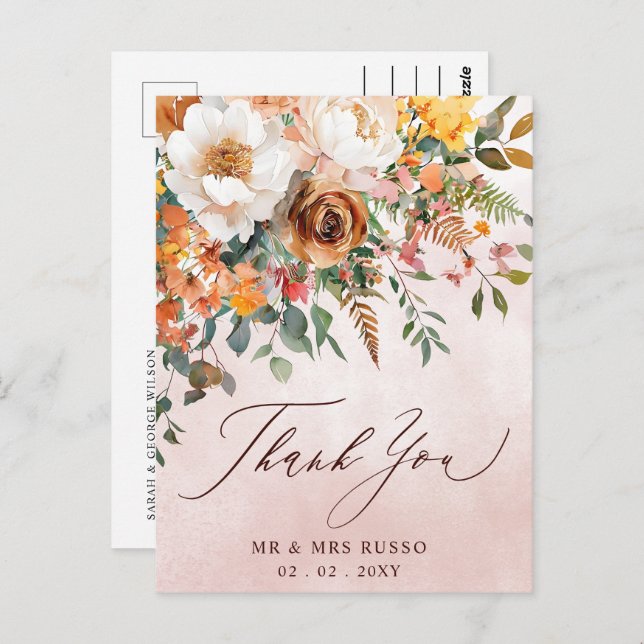 Cartão Postal Casamento outono Floral Rustic Orange Obrigado (Frente/Verso)