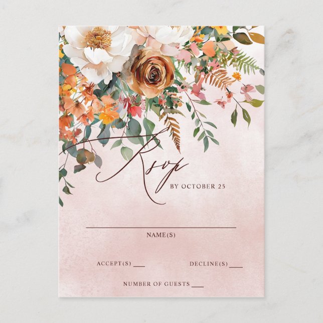 Cartão Postal Casamento outono Floral Rustic Orange RSVP (Frente)