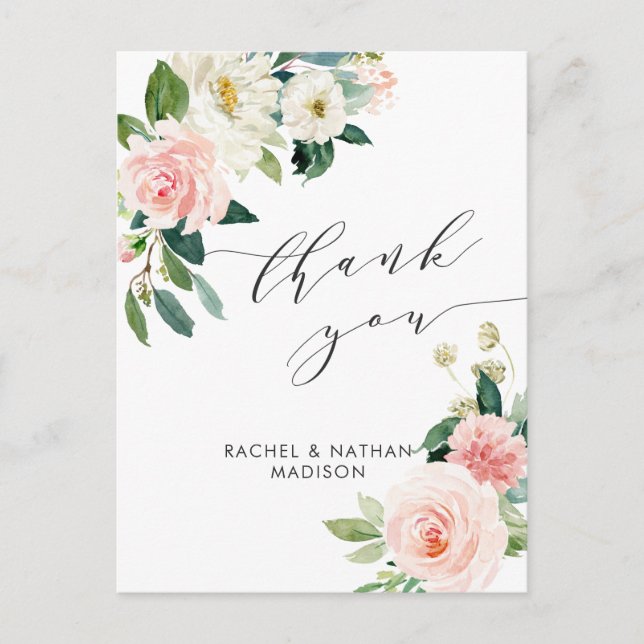 Cartão Postal Casamento por Aquarela Blush White Bloom Obrigado (Frente)