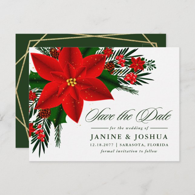 Cartão Postal Casamento Red Poinsettia Pine Greenery Salvar a Da (Frente/Verso)