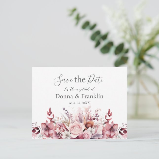 Cartão Postal Casamento Rosa-Rosa Moderno Salve a Data (Em pé/Frente)