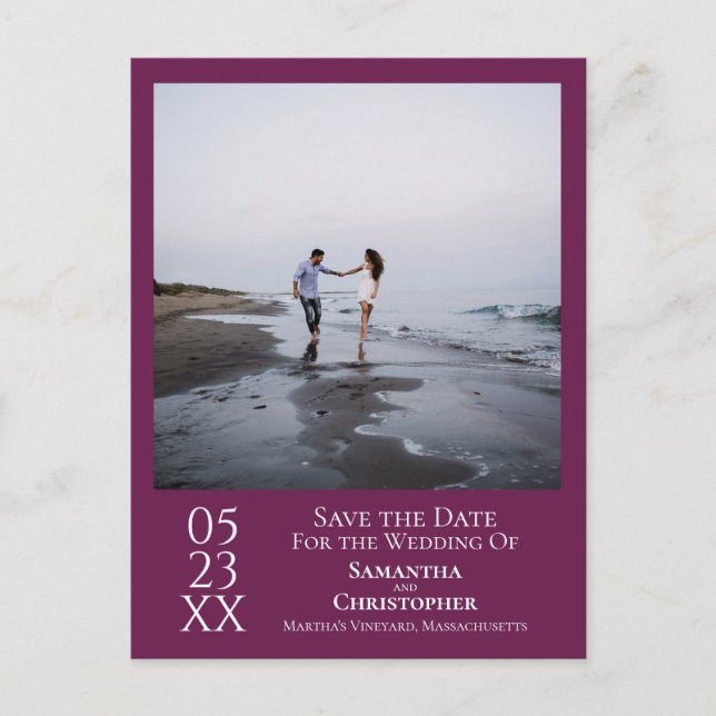 Cartão Postal Casamento Roxo Simples Magenta Salve a Foto da Dat (Frente)