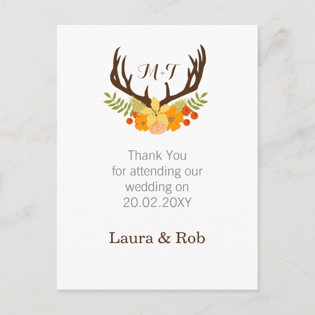 Cartão Postal Casamento Rustic Antler Deer Floral Woodland (Frente)