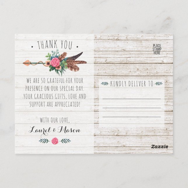 Cartão Postal Casamento Rustic Bohemian Arrow Obrigado Foto (Verso)