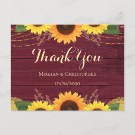 Cartão Postal Casamento Rustic Burgundy Wood Sunflower Obrigado