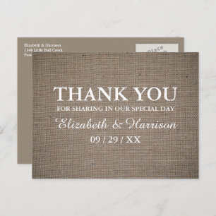 Cartão Postal Casamento Rustic Burlap Obrigado