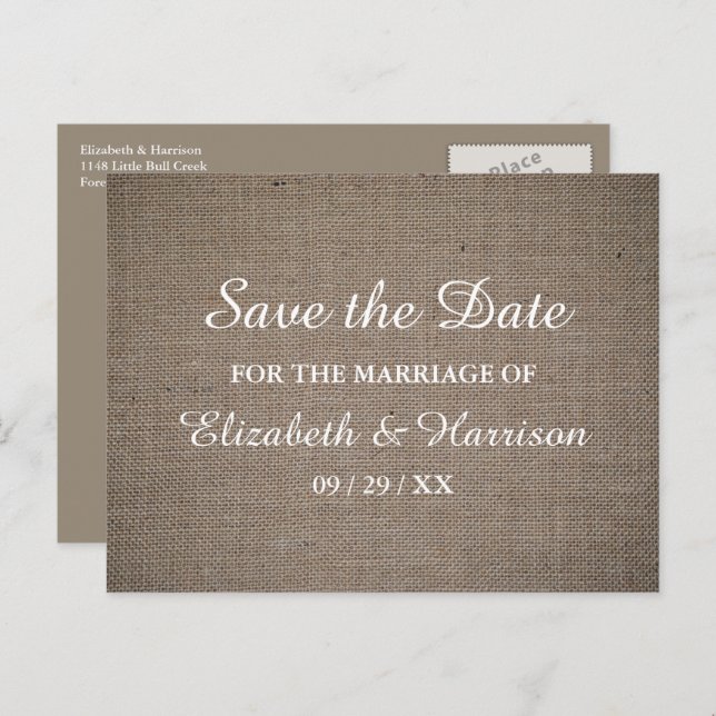 Cartão Postal Casamento Rustic Burlap Salvar A Data (Frente/Verso)