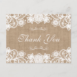 Cartão Postal Casamento Rustic Country Burlap Lace Obrigado