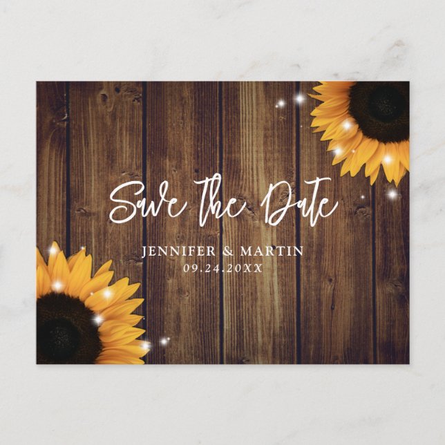 Cartão Postal Casamento Rustic Country Sunflower Save The Date (Frente)