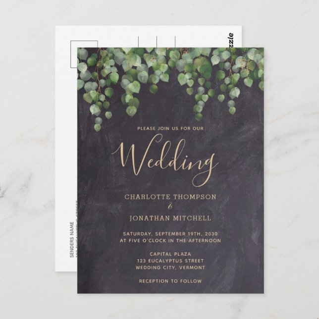 Cartão Postal Casamento Rustic Eucalyptus Greenery Chalkboard (Frente/Verso)