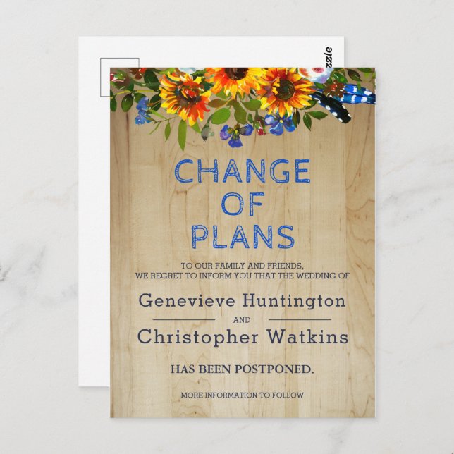 Cartão Postal Casamento Rustic Floral Barn Wood Adiou Cancelamen (Frente/Verso)