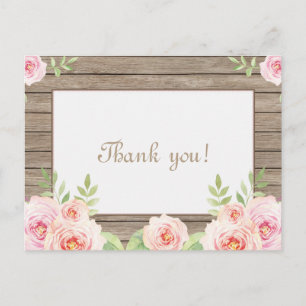 Cartão Postal Casamento Rustic Floral Old Wood Obrigado