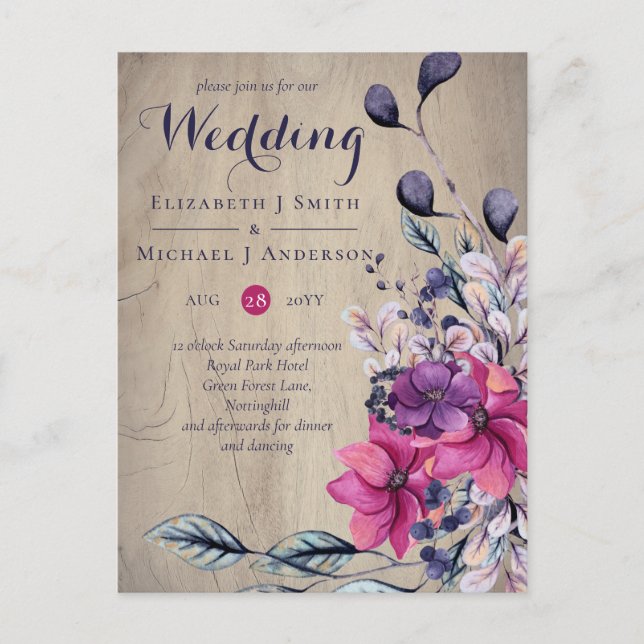 Cartão Postal Casamento Rustic Fuchsia Floral Woodland (Frente)