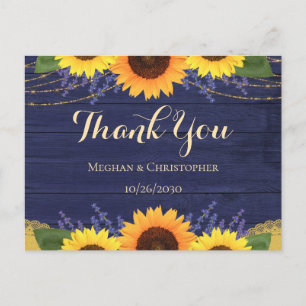 Cartão Postal Casamento Rustic Marinho Wood Sunflower Obrigado